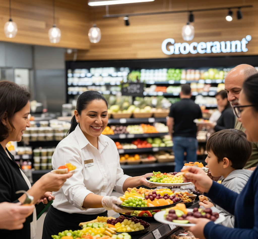 This image captures the "Local Love" aspect of the "Groceraunt" model. A friendly employee is shown offering a sample to a customer, fostering a sense of community and encouraging trial of new foodservice items.